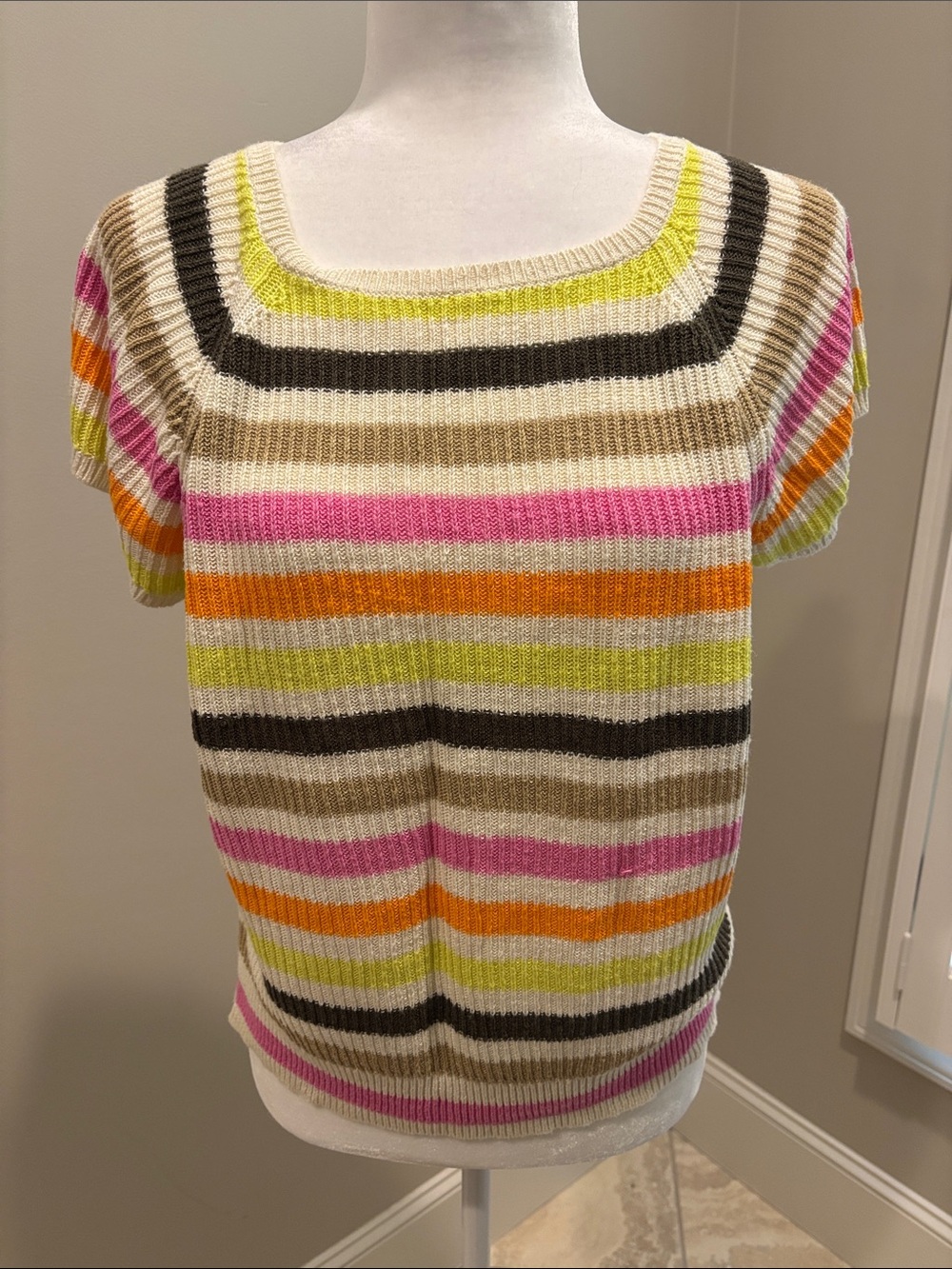 LOFT Striped Short Sleeve Knit Top in Cream, Pink, Orange & Lime